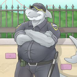  1:1 2015 amusement_park amusement_ride anthro badge baton belly belt biped bottomwear clothed clothing crossed_arms english_text fence fin fish fully_clothed gate gator_(artist) hat headgear headwear looking_at_viewer male marine musclegut muscular muscular_anthro muscular_male outside overweight overweight_anthro overweight_male pants police police_baton roller_coaster security security_guard shark shirt shirt_paunch slightly_chubby smile solo standing stocky text text_on_clothing text_on_hat text_on_headwear topwear undershirt uniform 