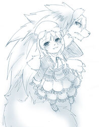  anthro canid canine canis domestic_dog duo female hair kemono long_hair male mammal monochrome ruri_tsubame simple_background 