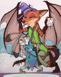  anthro canid canine clothing disney dragon female fox fur group hi_res hybrid judy_hopps lagomorph leporid male mammal mythological_creature mythological_scalie mythology nick_wilde rabbit scalie simple_background wings xx-junglebeatz-xx zootopia 