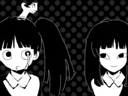  2girls bad_id bad_pixiv_id dripping_eye drooling extra_arms greyscale long_hair midorikuzira monochrome monoe monoko multiple_girls official_style school_uniform shirt short_sleeves twintails yume_nikki 