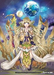  banamons bird blonde_hair bow circlet copyright_name earrings facial_tattoo female force_of_will fur_trim jewelry long_hair moon navel official_art planet praying protected_link seiza sitting sky solo sparkle staff star_(sky) tattoo teeth thighhighs 