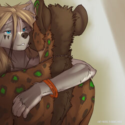  anthro banzay bust_portrait canid canine digital_media_(artwork) duo english_text facial_markings female fingerless_(marking) green_spots hair head_markings hug hyena jewelry koul koul_fardreamer male mammal markings necklace nude portrait signature spots spotted_hyena text wristband 