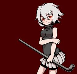  .flow breasts commentary_request expressionless female holding holding_lead_pipe kumauwo lead_pipe looking_at_viewer lowres medium_breasts red_eyes sabitsuki short_hair skirt sleeveless sleeveless_turtleneck solo turtleneck white_hair 