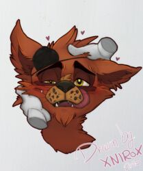  2015 alternate_species anthro anthrofied black_nose blush canid canine conditional_dnp disembodied_hand duo english_text eye_patch eyewear five_nights_at_freddy&#039;s fox foxy_(fnaf) fur furrification grey_background headshot_portrait heart_symbol male mammal petted_silly petting portrait scottgames simple_background solo_focus text tongue tongue_out whiskers xnirox yellow_eyes 