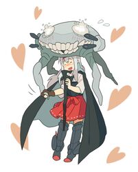  ^_^ abyssal_ship bad_id bad_pixiv_id blush boots cape closed_eyes cosplay emu_(eomou) female hairband heart japanese_clothes kantai_collection long_hair muneate open_mouth shoukaku_(kancolle) skirt smile solo staff thigh_boots thighhighs white_hair wo-class_aircraft_carrier wo-class_aircraft_carrier_(cosplay) 