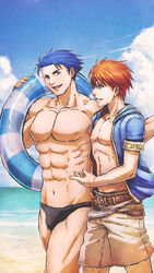  2boys abs asukan beach blue_eyes blue_hair cloud commentary_request day eliwood_(fire_emblem) fire_emblem fire_emblem:_the_blazing_blade fire_emblem_heroes hector_(fire_emblem) highres male_focus multiple_boys muscular navel outdoors photoshop_(medium) red_hair short_hair sky smile swimsuit topless_male 