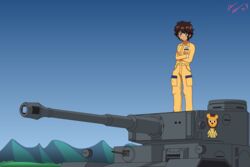  absurdres aggro_viking blue_eyes brown_hair commentary dark_skin english_commentary female girls_und_panzer highres leopon_(animal) military military_vehicle motor_vehicle mountain short_hair sky smile standing suzuki_(girls_und_panzer) tank tiger_(p) 