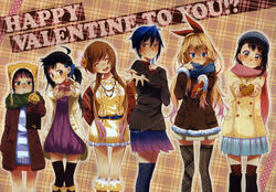  6+girls ^_^ ahoge asymmetrical_hair black_eyes black_hair black_thighhighs blonde_hair blue_eyes blue_hair blue_thighhighs blush boots brown_eyes brown_hair candy casual chocolate closed_eyes coat crease english_text flower food gift giving glasses gloves green_eyes hair_flower hair_ornament hairclip happy_valentine hat head_tilt heart heart-shaped_chocolate height_difference highres kirisaki_chitoge legs lineup long_hair miyamoto_ruri mole mole_under_eye multiple_girls nisekoi nowakyy official_art onodera_haru onodera_kosaki open_mouth photoshop_(medium) pleated_skirt ponytail print_thighhighs red_eyes scan scarf siblings sisters skirt smile tachibana_marika thighhighs tsugumi_seishirou tsundere valentine very_long_hair winter_clothes zettai_ryouiki 