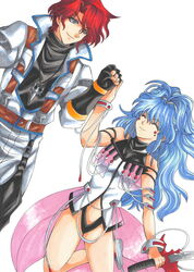  1boy alfimi axel_almer black_gloves blue_hair closed_eyes commentary_request dutch_angle facial_mark facing_another female fingerless_gloves gloves green_eyes highres holding holding_hands holding_sword holding_weapon jacket jewelry long_hair looking_at_another necklace red_hair sakura_usagi_(yuina) simple_background smile super_robot_wars super_robot_wars_og_saga_mugen_no_frontier super_robot_wars_og_saga_mugen_no_frontier_exceed super_robot_wars_original_generation sword traditional_media wavy_hair weapon white_background 