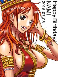  :d adjusting_hair alternate_costume armlet bracelet breasts brown_eyes character_name cleavage commentary crown dated earrings female happy_birthday jewelry kiyu_(zuyu) large_breasts long_hair looking_at_viewer nami_(one_piece) necklace one_piece open_mouth orange_hair smile solo upper_body wavy_hair 