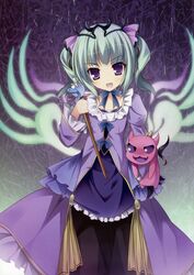  :d absurdres astaroth_(p&amp;d) blush cauchemar_(p&amp;d) choker demon_girl dress female green_hair green_wings highres karory long_sleeves open_mouth puffy_long_sleeves puffy_sleeves purple_dress purple_eyes puzzle_&amp;_dragons ribbon_choker short_hair smile solo tiara two_side_up wings 