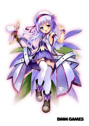  copyright_name dmm female flower flower_knight_girl full_body hair_flower hair_ornament hat hat_ribbon highres huei_nazuki leaf leaf_background long_hair looking_at_viewer purple_eyes purple_hair purple_skirt ribbon sawagikyou_(flower_knight_girl) skirt smile staff standing white_background 