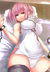  azuma_(farusiong) bed_sheet blue_eyes blush bondage breasts chains china_dress chinese_clothes clenched_hand commentary_request cuffs dress female hair_ornament large_breasts looking_at_viewer lying oerba_yun_fang on_back open_mouth original panties pillow pink_hair short_hair short_twintails solo twintails underwear white_panties wide_hips 