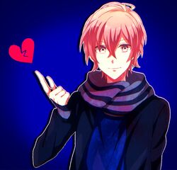  1boy broken_heart commentary_request gloves grey_eyes heart jacket male_focus mikado_nagi nemokiti0 pink_hair scarf smile solo sweater uta_no_prince-sama uta_no_prince-sama_maji_love_2000_percent 