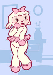  anthro blush bottomwear bovid caprine clothing doc_mcstuffins domestic_sheep eyelashes featureless_crotch female furboz lambie_(doc_mcstuffins) mammal ribbons sheep shy simple_background skirt solo standing young young_anthro young_female 