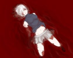  .flow blood commentary_request corruption female floating hair_over_one_eye kumauwo midriff pale_skin red_eyes rust sabitsuki short_hair skirt sleeveless sleeveless_turtleneck solo turtleneck white_hair 