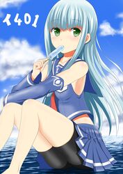  aoki_hagane_no_arpeggio bike_shorts bike_shorts_under_skirt black_shorts blue_eyes blue_hair blue_sky blush cloud commentary_request day detached_sleeves female food green_eyes highres iona_(aoki_hagane_no_arpeggio) ju_(old505) long_hair ocean personification popsicle shorts silver_hair skirt sky solo water 