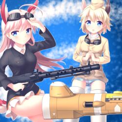  2girls ahoge bad_id bad_pixiv_id bird_girl blonde_hair blue_eyes blush breasts commentary_request faubynet flying garrison_cap goggles goggles_on_head gun hanna-justina_marseille hat head_wings highres holding holding_gun holding_weapon long_hair md5_mismatch medium_breasts military military_uniform multiple_girls panties raisa_pottgen short_hair smile striker_unit trigger_discipline underwear uniform weapon wings witches_of_africa world_witches_series 