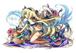  adachi_yousuke armband bare_legs bare_shoulders basket bikini blonde_hair blue_bikini blue_eyes blue_hairband bow bow_hairband commentary_request eyes_visible_through_hair female flower full_body grid_print hair_over_one_eye hair_ribbon hairband hairbow hat hat_flower hibiscus kneeling leaf long_hair looking_at_viewer official_art pandora_(p&amp;d) print_bikini print_hairband puzzle_&amp;_dragons ribbon side-tie_bikini_bottom simple_background smile solo strapless sun_hat swimsuit towel very_long_hair white_background 