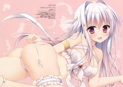  :d absurdres armlet bra breasts cameltoe cleavage collarbone female floating_hair highres long_hair looking_at_viewer matsumiya_kiseri medium_breasts open_mouth original panties red_eyes side-tie_panties silver_hair smile solo thigh_strap underwear untied_panties very_long_hair white_bra white_panties 