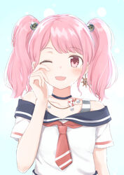  ;d anchor_hair_ornament anchor_print bad_id bad_pixiv_id bang_dream! blush bra_strap choker commentary_request earrings female hair_ornament hand_on_own_face highres jewelry lifebuoy looking_at_viewer maruyama_aya neckerchief off-shoulder_shirt off_shoulder one_eye_closed open_mouth pendant pink_eyes pink_hair red_neckerchief school_uniform serafuku ship&#039;s_wheel shirt short_sleeves smile solo swim_ring tears twintails upper_body wiping_tears yazi114 