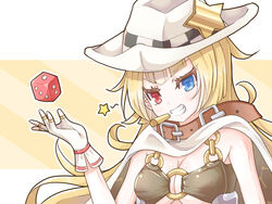  belt bikini bikini_top_only blonde_hair blue_eyes breasts cape checkered cigarette cleavage commentary_request cowboy_hat dice female gloves grin hand_up hat heterochromia highres iese&#039;niya long_hair looking_at_viewer medium_breasts nevada_(warship_girls_r) o-ring o-ring_top open_hand raised_eyebrows red_eyes simple_background smile solo star_(symbol) swimsuit upper_body warship_girls_r white_cape white_gloves white_hat 