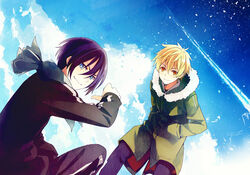  2boys blonde_hair blue_eyes cloud coat commentary_request fur_coat multiple_boys noragami orange_eyes purple_hair scarf short_hair sky smile takerusilt track_suit yato_(noragami) yukine_(noragami) 