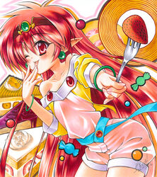  arara_milk bad_id bad_pixiv_id bare_shoulders cake candy dated earrings female food fork fruit gem headband jewelry licking long_hair ng_knight_lamune_&amp;_40 one_eye_closed photoshop_(medium) pie pointy_ears red_eyes red_hair shirt shorts signature smile solo strapless strawberry strawberry_shortcake wrapped_candy yuto_takumi 