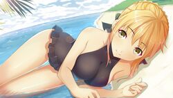  artoria_pendragon_(alter_swimsuit_rider)_(fate) artoria_pendragon_(alter_swimsuit_rider)_(first_ascension)_(fate) artoria_pendragon_(fate) ass_visible_through_thighs bare_shoulders beach black_bow black_one-piece_swimsuit blonde_hair bow braid chinese_commentary collarbone commentary_request day fate/grand_order fate_(series) female forest guanghe_zuoyong_de_de_yezi hairbow highres looking_up lying nature official_alternate_costume on_side one-piece_swimsuit palm_tree partially_submerged photoshop_(medium) smile solo swimsuit thigh_gap tree yellow_eyes 