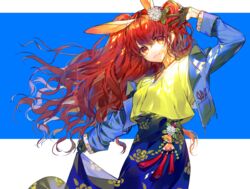  :3 animal_ears black_gloves blush character_request closed_mouth commentary_request copyright_request female gloves hayanse highres long_hair long_sleeves looking_at_viewer rabbit_ears red_eyes red_hair scissors smile solo twintails v very_long_hair 