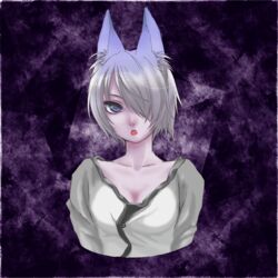  alternate_color alternate_hair_color animal_ears blue_eyes breasts cleavage collarbone commentary_request expressionless female hair_over_one_eye highres medium_breasts milky_way_(mirukii) short_hair silver_hair solo upper_body wolf_ears yomika yume_graffiti 