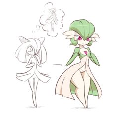  breasts female gardevoir generation_3_pokemon green_hair hair hi_res kirlia nintendo pokemon pokemon_(species) red_eyes small_breasts solo white_body white_skin zedrin zedrin-butts 