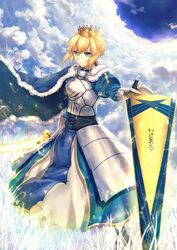  ahoge armor armored_dress artoria_pendragon_(fate) avalon_(fate/stay_night) blonde_hair blue_cape braid braided_bun breastplate cape closed_mouth commentary_request crown dress expressionless fal_(fal-se-0) fate/grand_order fate/stay_night fate_(series) female gauntlets gloves green_eyes hair_bun highres looking_at_viewer pixiv_fate/grand_order_contest_2 saber_(fate) short_hair solo 