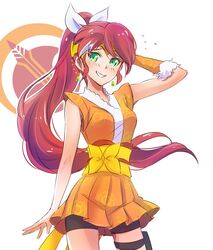  arm_behind_head blush bow check_commentary commentary commentary_request crunchyroll emblem female green_eyes hairbow hime_(crunchyroll) iesupa japanese_clothes long_hair mascot ponytail pyrrha_nikos red_hair rwby smile solo tiara very_long_hair 