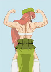  back bad_id bad_pixiv_id braid demon_back_(baki) earrings female flexing grappler_baki hat hong_meiling jewelry long_hair looking_back muscular muscular_female no_shirt parody red_eyes red_hair solo standing thighhighs touhou versapro very_long_hair white_thighhighs 