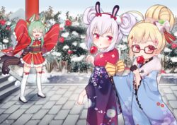  3girls :o akashi_(akashi&#039;s_in_the_red_nya!)_(azur_lane) akashi_(azur_lane) animal_ear_fluff animal_ears arms_up azur_lane bell black_footwear black_gloves blonde_hair blue_kimono blue_sky bow brown-framed_eyewear candy_apple cat_ears closed_eyes commentary_request day double_bun eldridge_(azur_lane) eldridge_(new_year&#039;s_outing)_(azur_lane) facial_mark floral_print flower food frilled_kimono frills fur_collar glasses gloves green_hair hair_bell hair_between_eyes hair_bun hair_ornament hairband hairbow half_gloves holding holding_food japanese_clothes jingle_bell kimono kokone_(coconeeeco) laffey_(azur_lane) laffey_(snow_rabbit_and_candy_apple)_(azur_lane) licking long_sleeves looking_at_viewer looking_to_the_side multiple_girls obi official_alternate_costume official_alternate_hairstyle open_mouth outdoors parted_lips pink_flower print_kimono rabbit_ears red_bow red_eyes red_flower red_hairband red_kimono ribbon-trimmed_thighhighs ribbon_trim sandals sash short_kimono sidelocks single_hair_bun sky sleeves_past_fingers sleeves_past_wrists stairs stone_stairs thighhighs tongue tongue_out v-shaped_eyebrows white_bow white_hair white_thighhighs wide_sleeves zouri 