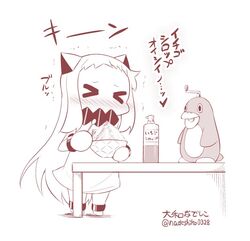  &gt;_&lt; abyssal_ship artist_name bird blush bottle brain_freeze closed_eyes commentary contemporary covered_mouth female food horns ice ice_shaver kantai_collection long_hair mittens monochrome northern_ocean_princess penguin shaved_ice solo spoon syrup table themed_object translated trembling twitter_username very_long_hair yamato_nadeshiko 