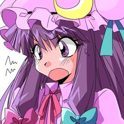  1990s_(style) 74_(teduka) :o araizumi_rui_(style) bow commentary_request female hairbow hat kotobuki_tsukasa_(style) long_hair low-tied_sidelocks parody patchouli_knowledge purple_eyes purple_hair retro_artstyle sidelocks solo style_parody touhou upper_body white_background 