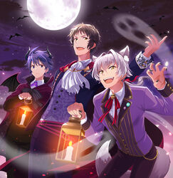  3boys absurdres blue_eyes blue_hair brown_hair commentary enjoji_michiru full_moon green_hair grey_hair halloween_costume highres idolmaster idolmaster_side-m kizaki_ren maji_(eau-fumeuse0207) male_focus moon multiple_boys official_alternate_costume open_mouth ponytail smile taiga_takeru the_kogado_(idolmaster) vampire_costume yellow_eyes 