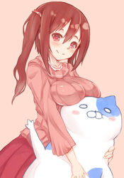  blush blush_stickers breast_rest breasts brown_eyes brown_hair commentary_request dakimakura_(object) ebina_nana eichan_(eichanidfi) female highres himouto!_umaru-chan large_breasts long_hair looking_at_viewer nekoronbusu pillow skirt smile solo stuffed_animal stuffed_cat stuffed_toy twintails wavy_mouth 