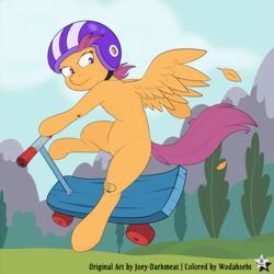  1:1 2015 absurd_res armor english_text equid equine feathered_wings feathers female feral friendship_is_magic fur hair hasbro headgear helmet hi_res joey-darkmeat mammal my_little_pony mythological_creature mythological_equine mythology orange_body orange_feathers orange_fur pegasus purple_eyes purple_hair scootaloo_(mlp) scooter solo text wings wodahseht 