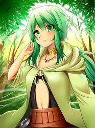  blush breasts caam_serenity_of_gusto collar commentary_request duel_monster female green_eyes green_hair hikaru49831115 jacket jewelry long_hair looking_at_viewer midriff navel small_breasts solo yu-gi-oh! 