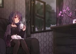  animal bad_id bad_pixiv_id black_hair black_pantyhose black_shirt blanket blush chair closed_mouth coffee_mug collarbone cup curtains evening feet_out_of_frame feline female flower frilled_shirt frilled_skirt frills hand_up highres holding holding_cup indoors long_sleeves looking_away maka_neko miniskirt mug original pantyhose pink_flower plant pleated_skirt potted_plant print_mug red_eyes shirt short_hair sidelocks sitting skirt smile solo spaghetti_strap steam tree white_cat window 