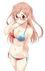  :o absurdres agenasu arm_behind_back bikini blush breasts brown_hair cleavage commentary_request female glasses highres large_breasts long_hair shiraishi_(tanakeda) side-tie_bikini_bottom solo standing swimsuit tanaka-kun_wa_itsumo_kedaruge two_side_up 