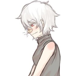  .flow bandaid bandaid_on_face bandaid_on_nose blush commentary_request female kumauwo looking_down pain profile red_eyes sabitsuki short_hair simple_background sleeveless sleeveless_turtleneck solo tears turtleneck white_hair 