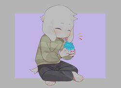  2017 3_toes 4_fingers anthro asriel_dreemurr barefoot blush boss_monster_(undertale) bovid caprine claws closed_eyes clothed clothing conditional_dnp crybleat digital_media_(artwork) drinking feet fingers fur kemono lolicon long_ears male mammal milk milk_carton pawpads paws pink_pawpads simple_background sitting straw_(disambiguation) toes undertale undertale_(series) white_body white_fur young 