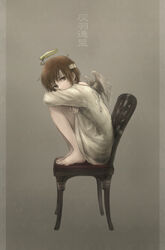  angel angel_wings barefoot brown_eyes brown_hair chair commentary crossed_arms dress feathered_wings feet female floating_hair full_body grey_background haibane_renmei halo hugging_own_legs knees_up looking_at_viewer mametora_(dummycat) messy_hair muted_color photoshop_(medium) rakka_(haibane) short_hair sitting solo static_cling title toes wings 