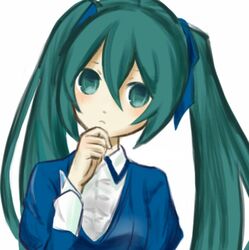  aqua_eyes aqua_hair blue_dress chaban_capriccio_(vocaloid) commentary_request dress evillious_nendaiki female hair_ribbon hand_on_own_chin hatsune_miku heartbeat_clocktower_(vocaloid) long_hair mayo_(mayone-u) ribbon twintails very_long_hair vocaloid 