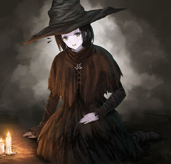  arm_support black_dress black_hair candle commentary dark dark_souls_(series) dark_souls_iii dress female grey_eyes hat karla_(dark_souls_3) looking_at_viewer open_mouth short_hair sitting smile solo tom-neko_(zamudo_akiyuki) witch witch_hat yokozuwari 