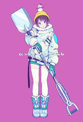  aqua_footwear aqua_gloves aqua_shorts beanie blue_eyes boots breast_pocket breasts coat commentary_request copyright_request female full_body fur-trimmed_boots fur-trimmed_coat fur_trim gloves hat head_tilt highres holding holding_shovel hood hood_down hooded_coat kamogawa_(kamogawa_sodachi) knee_boots long_sleeves looking_at_viewer pocket purple_background purple_hair short_hair short_shorts shorts shovel simple_background snow_boots snow_shovel snowman solo standing tareme thighhighs white_coat white_thighhighs yellow_hat zipper 